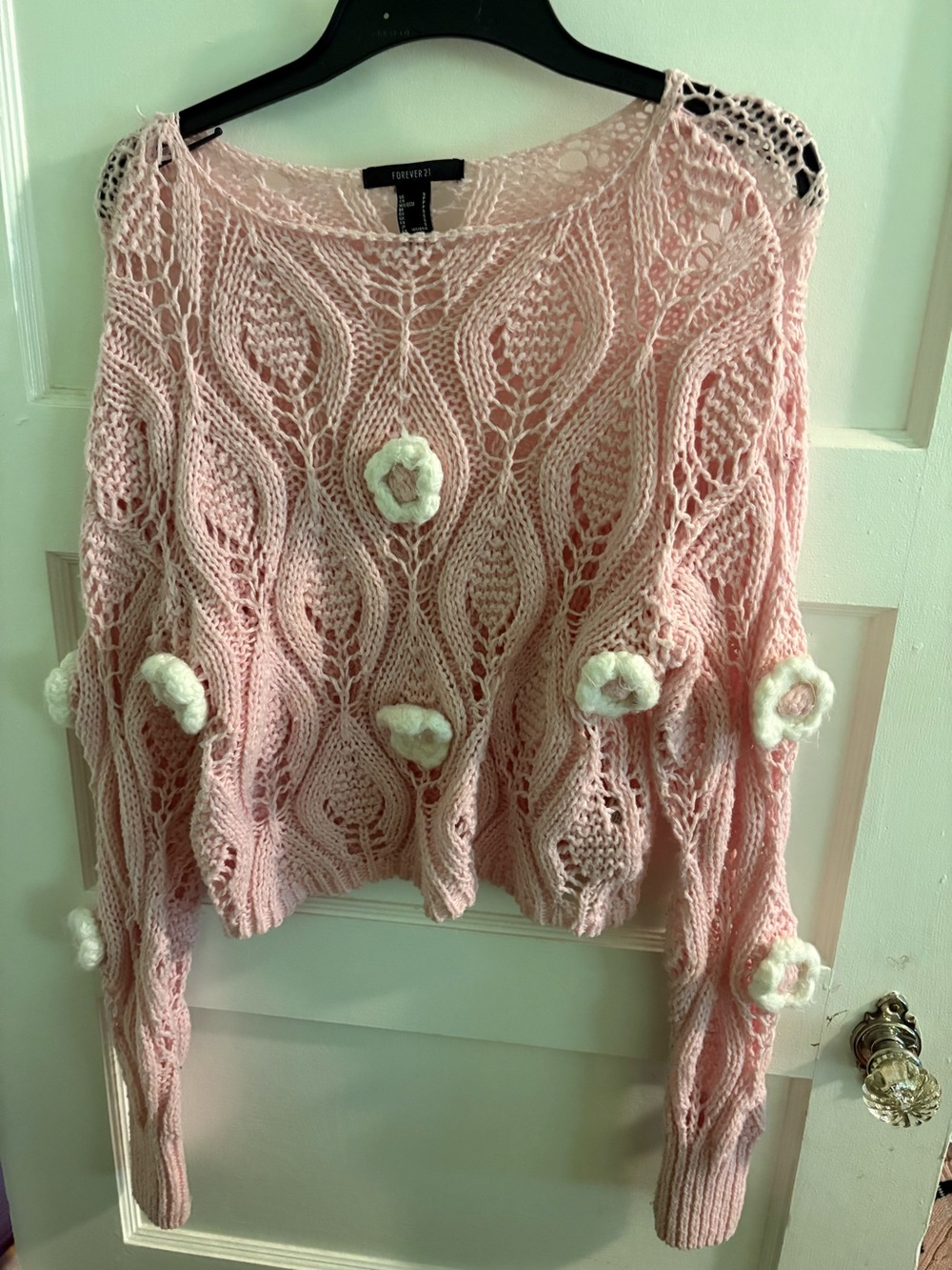 Forever 21 Light Pink Open-Knit Floral Appliqué Sweater